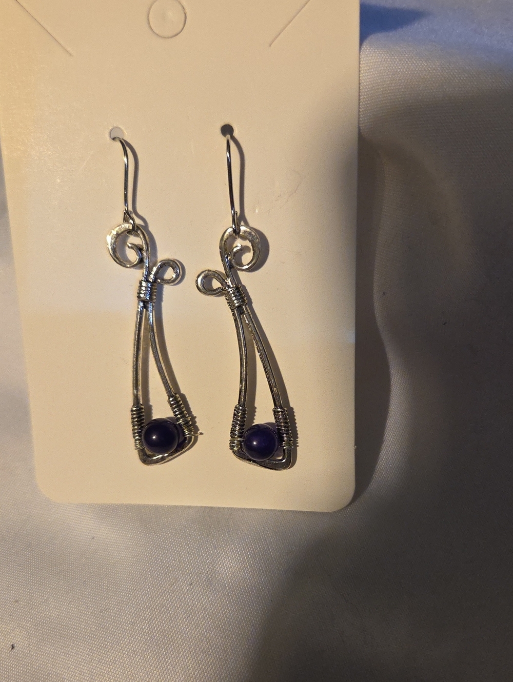 Silver Wire Drop Earrings with Purple Stone